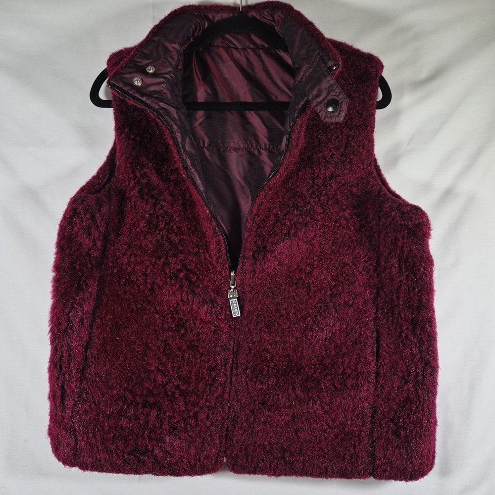 Vintage GUESS Reversible Burgundy Fuzzy Vest Women's M Y2K Faux Fur Nylon